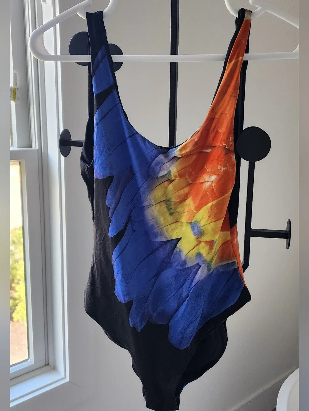 Onia Kelly One Piece Black Swimsuit with Blue, Orange & Yellow Feather Size S